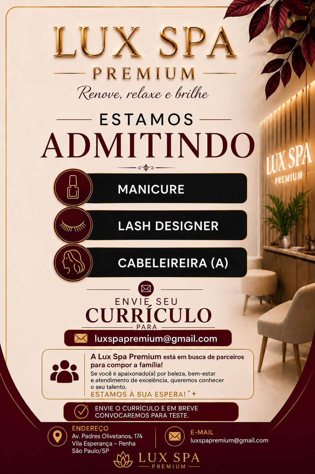 Vagas de emprego na Lux Spa Premium para manicure, lash designer e cabeleireira
